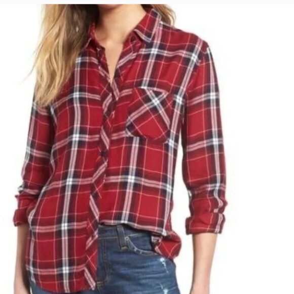Rails Hunter Red Blue Plaid Button Down Flannel Blouse Size Small - Picture 3 of 12